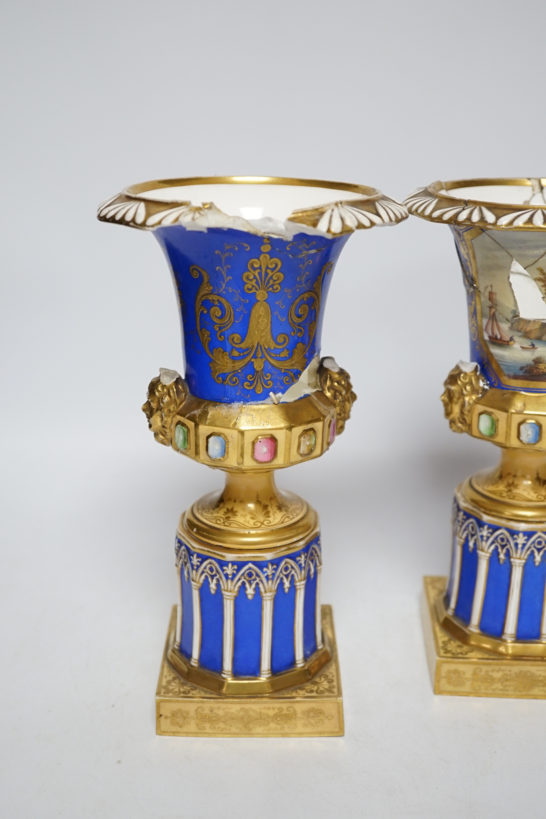 A pair of early 19th century vases - in need of restoration, 25cm